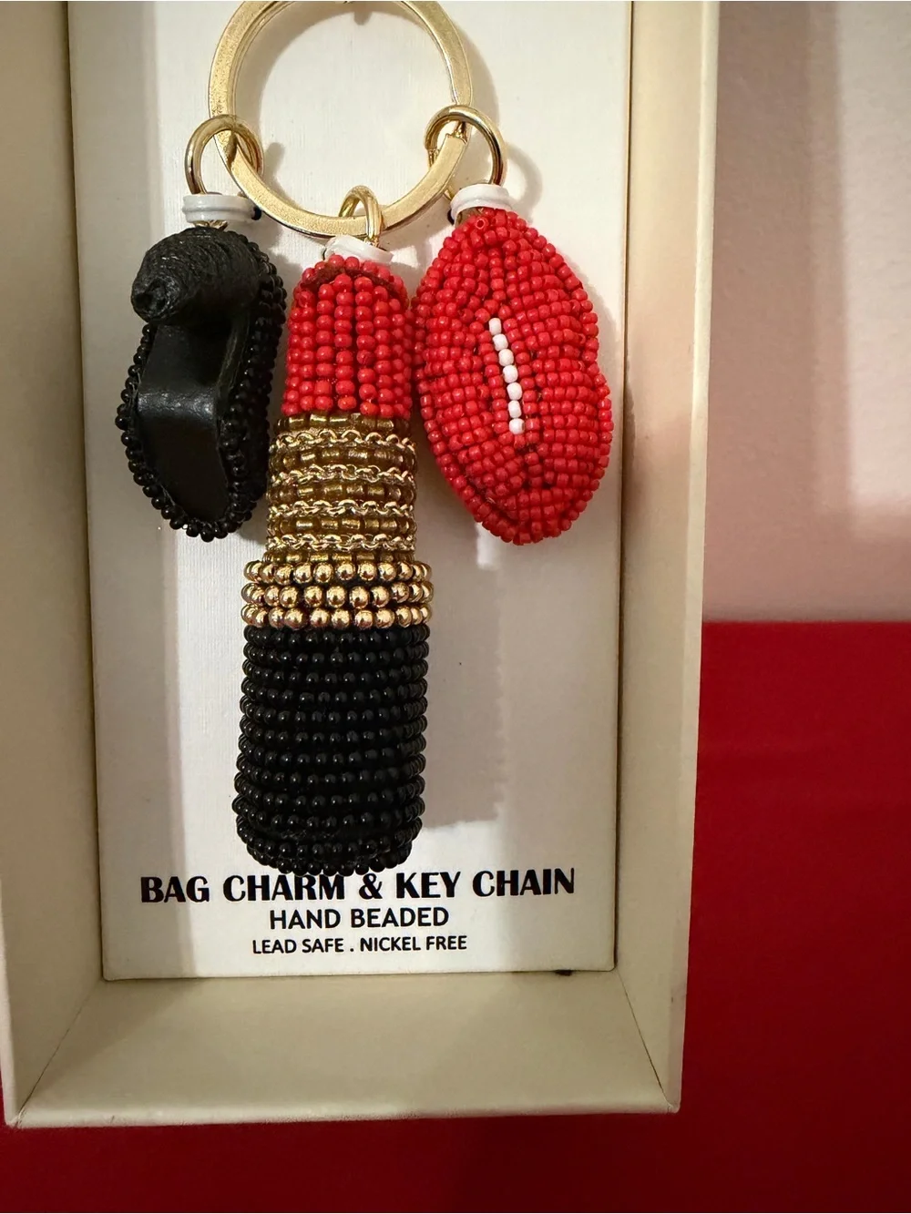 Haute Hippie Red and Black Beaded Lipstick Keychain